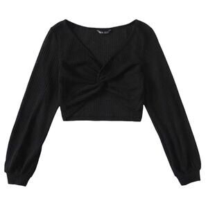 Boutique Waffle Knit Y2K 90s Black Twist Long Sleeve Crop Top NWOT | Sz L [A49]